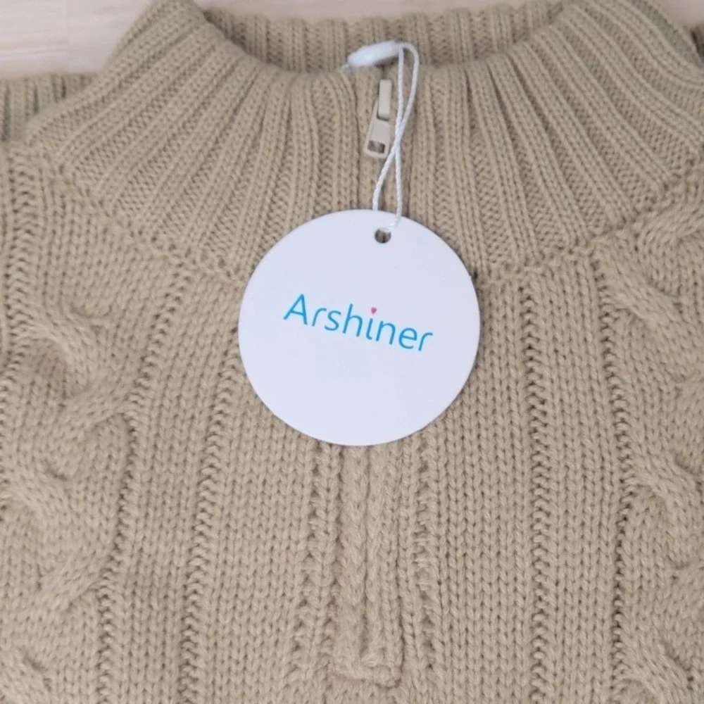 Arshiner Quarter Zip Sweater‎ Kids Size 140 Tan Cable Knit Mock Neck Pullover